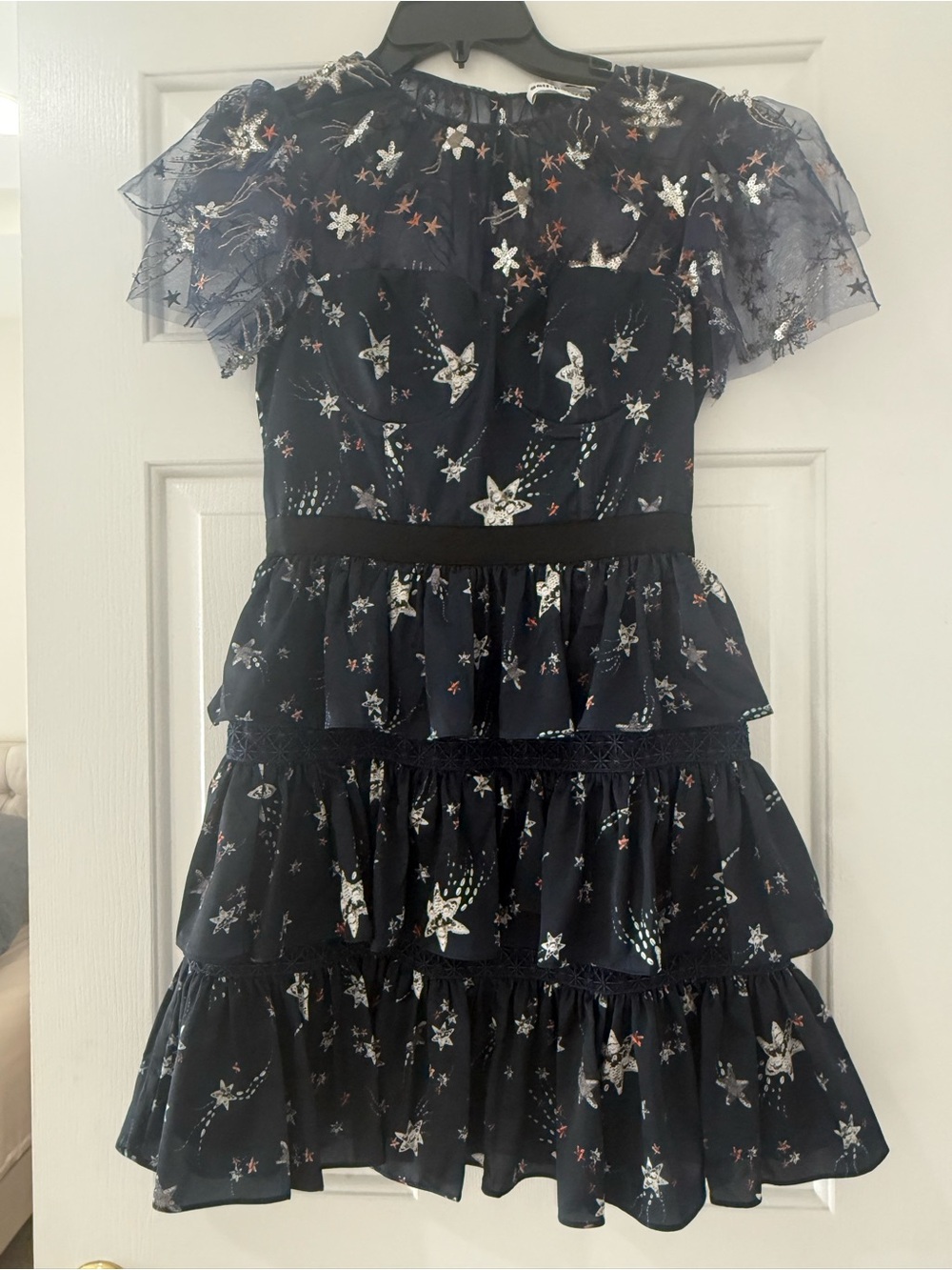 Self-Portrait Navy Star & Floral Ruffle Dress